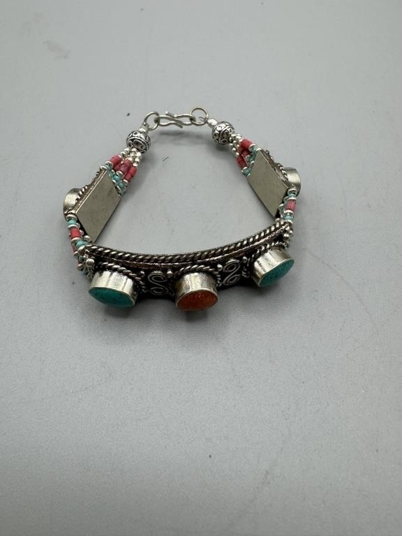 Turquoise Coral Silver Bracelets Marked 925