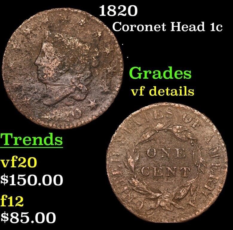 1820 Coronet Head Large Cent 1c Grades vf details
