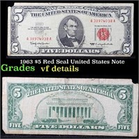 1963 $5 Red Seal United States Note Grades vf deta