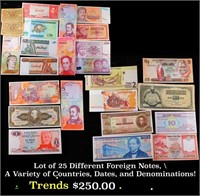 Lot of 25 Different Foreign Notes, A Variety of Co