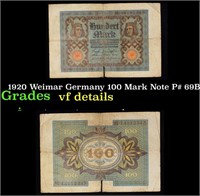 1920 Weimar Germany 100 Mark Note P# 69B Grades vf