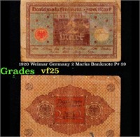 1920 Weimar Germany 2 Marks Banknote P# 59 Grades