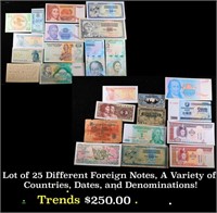 Lot of 25 Different Foreign Notes, A Variety of Co