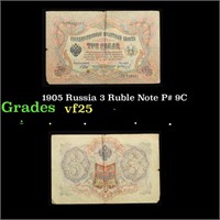 1905 Russia 3 Ruble Note P# 9C Grades vf+