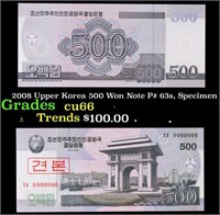 2008 Upper Korea 500 Won Note P# 63s, Specimen Gra