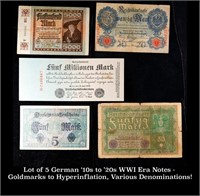 Lot of 5 German '10s to '20s WWI Era Notes - Goldm