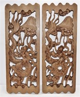 Pair Carved Wood Dragon Wall Hangings 24" x 9"