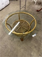 Vintage rattan round glass top coffee table