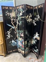 Mid Century Oriental Black Lacquered Hand Painted