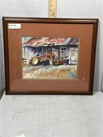 Watercolor Tractor parked under the barn titled