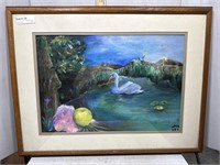 Swan and water lily watercolor signed bottom right