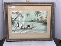 Asian junk boat scene hand-painted on silk signed