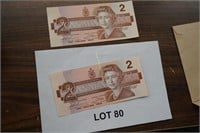 2-Canadian $2.00 bills, 1986, sequential serial