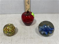 Paperweights including Red Apple, Blue floral,