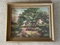 Framed vintage print - pastoral scene w/ farmers
