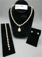 14kt Pearl clasp necklace, earrings & bracelet