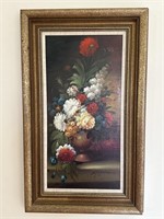 Signed floral painting on board approx 30”x18”