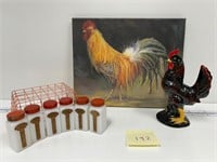 Rooster Canvas Picture Figurine & Vtg Spice Jars