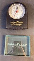 Goodyear Clock and Glass Paperweight