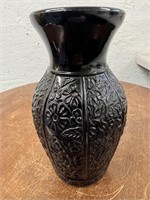 7" Amethyst Black Glass Floral Raised Vase