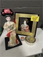 KABUKI DOLL, FRAMED 3-D QUILTED GEISHA GIRL,