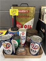FLAT OF ANTIQUE METAL ADVERTISING OIL CANS
