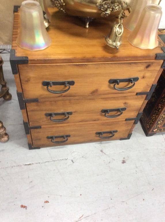 Wooden three drawer chest with metal hardware