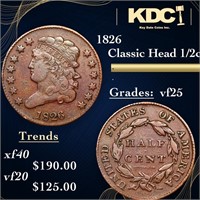 1826 Classic Head half cent 1/2c Grades vf+