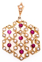 Estate 18kt Yellow Gold Ruby & Seed Pearls Pendant