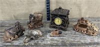 Carved soapstone pieces & clock in resin(?)