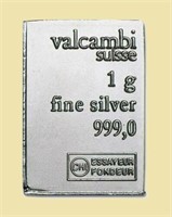 SUISSE Valcambi .999 Fine Silver 1 Gram Bar
