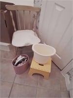 Chair, 2 trashcans, step stool, scale, misc items.