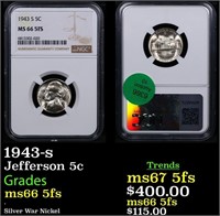 NGC 1943-s Jefferson Nickel 5c Graded ms66 5fs By