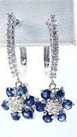 14 Kt White Gold Diamond Sapphire Dangle Earrings