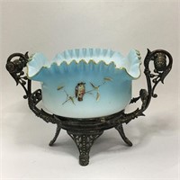 Victorian Satin Glass Bowl On Silver Plate Stand