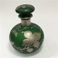 Silver Overlay Green Glass Bottle