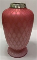 Pink Satin Glass Diamond Optic Vase, Silver Rim