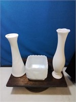 Group of 3 pieces of milk glass 2 vases and a