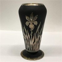 Art Deco Black Satin Glass & Silver Overlay Vase