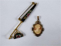 12kt Gold Filled Shell Cameo & Petit Point Brooch