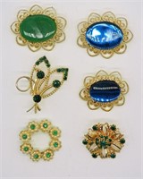 Blue & Green Gold Tone Brooch Pins