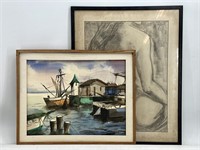 Signed Watercolor Painting & Original Charcoal