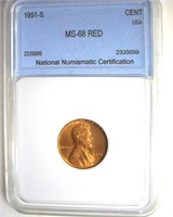 1951-S Cent MS68 RD LISTS $10000