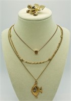 Whimsical Gold Tone Necklaces & Pin