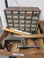 TRAY OF TOOLS, FASTENER BIN AND CONTENTS