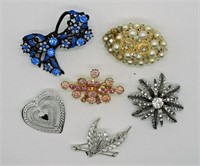 Six Silver Tone Brooches with Rhinestones