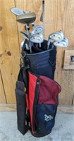 LEFTY SET OF STRAT IRONS AND WOODS, GOLF BAG