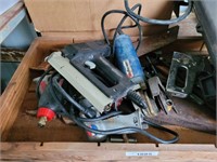 WOODEN TRAY OF POWER TOOLS, HAND SAW,