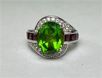 STS Sterling Lg Amethyst/ Peridot Ring 7 Gr Size 5