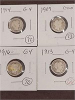4 EARLY 1900 BARBER DIMES